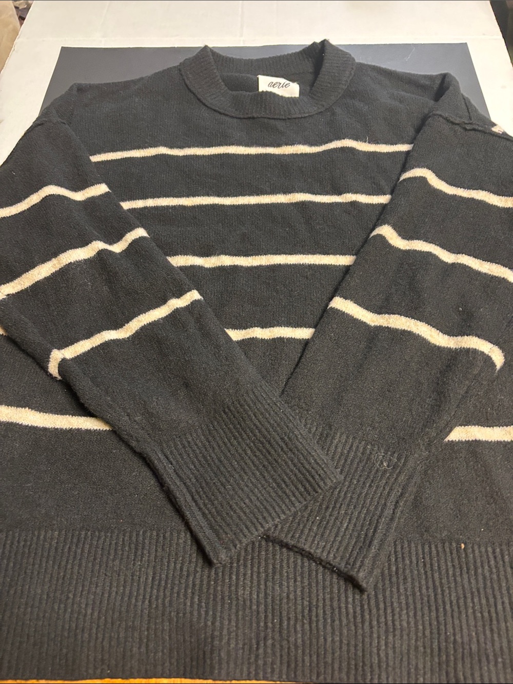 aerie Black Oversized Crewneck Sweater with Cream Stripes